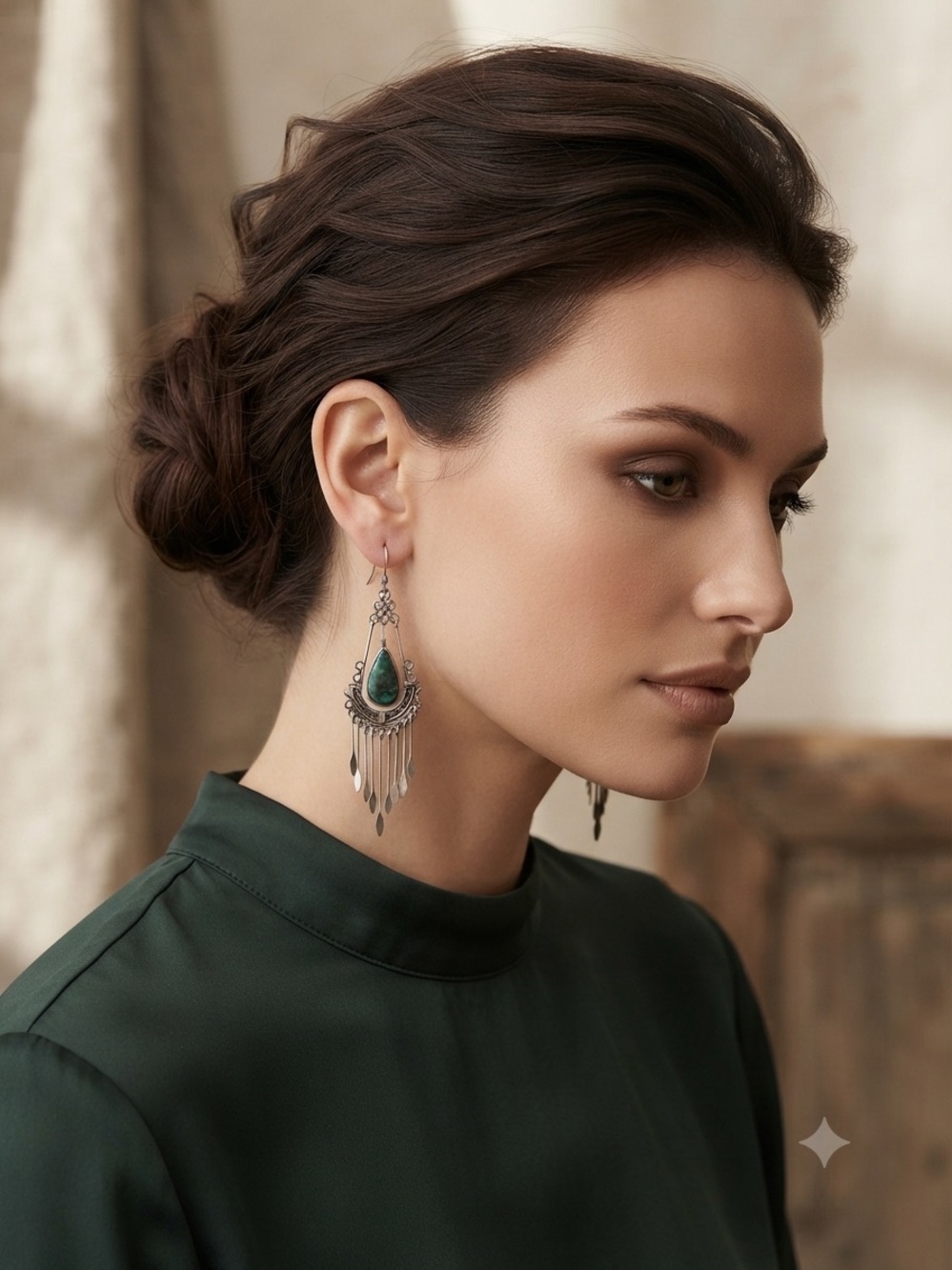 Green Teardrop Fringe Drop Earrings